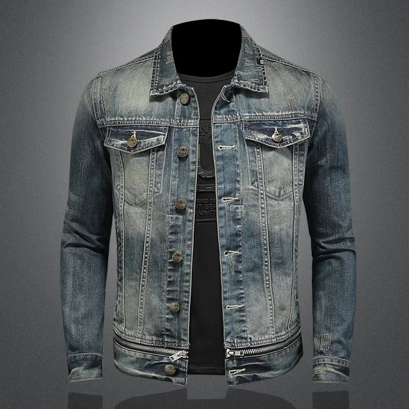 Veste en Denim de Moto à Fermeture Éclair – Élégance et Style au Volant