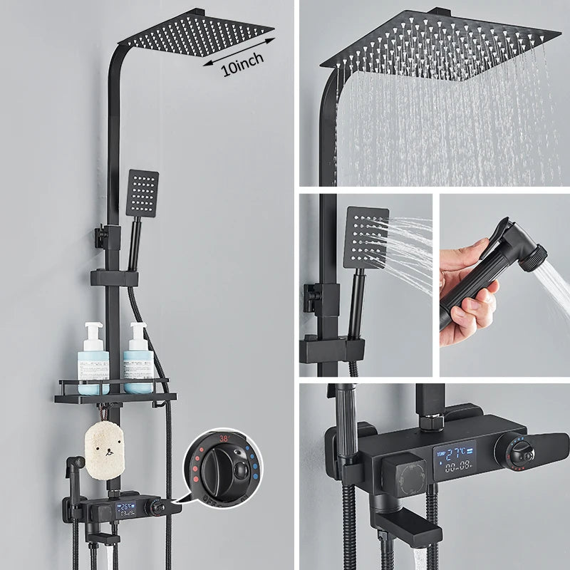 Robinet de douche thermostatique avec affichage numérique et pomme de douche pluie